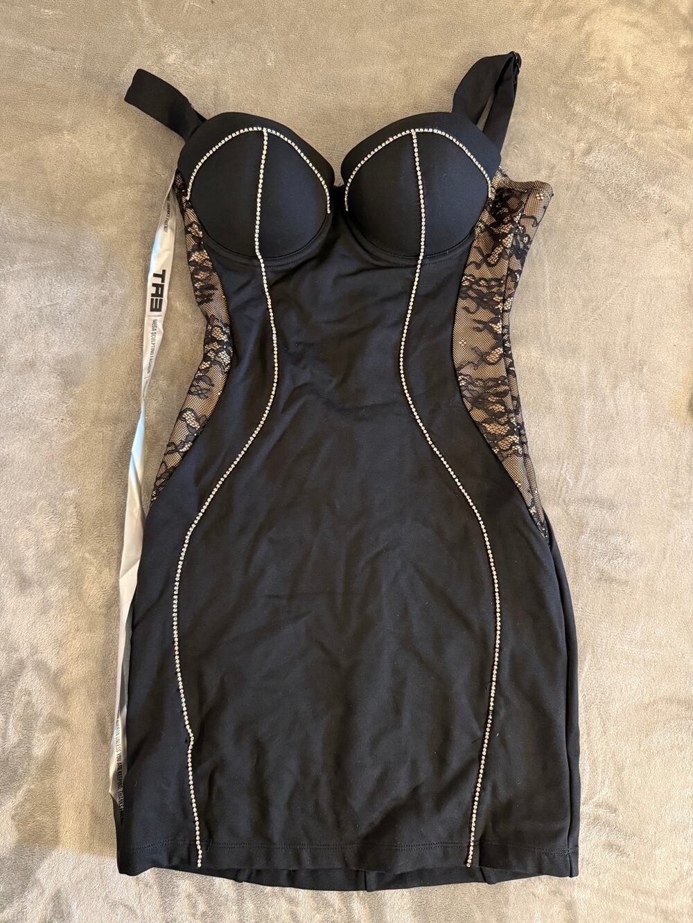 TA3 Lushy Rhinestone Bodycon Mini Dress S Black Corset Shapewear NWT